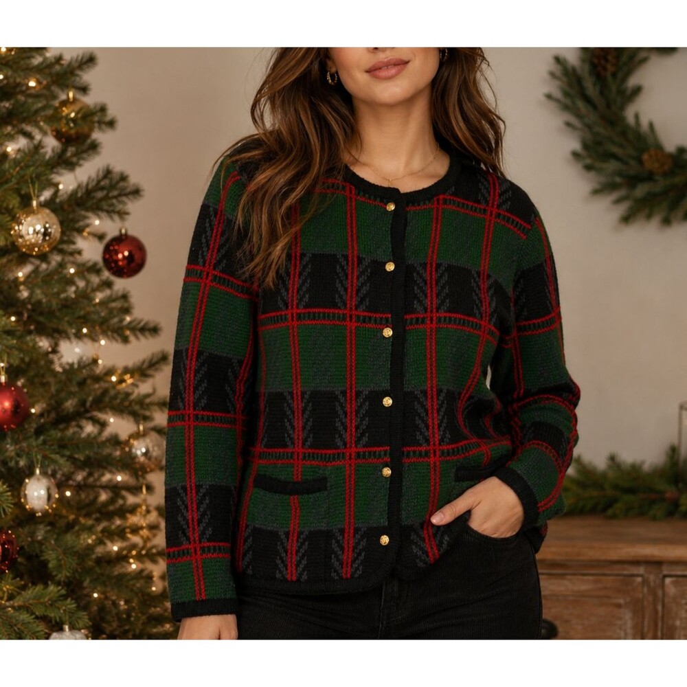 Vintage Liz Baker Cardigan Sweater Womens Medium Plaid Pockets Christmas Holiday